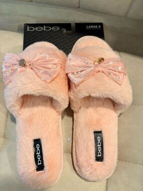 bebe Peach Pink Plush Bow Slide Slippers
